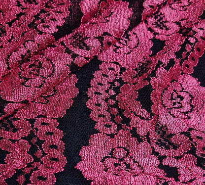 Floral Lace Fabric Fuchsia And Black Black Colours 2 Way Stretch 55" Wide