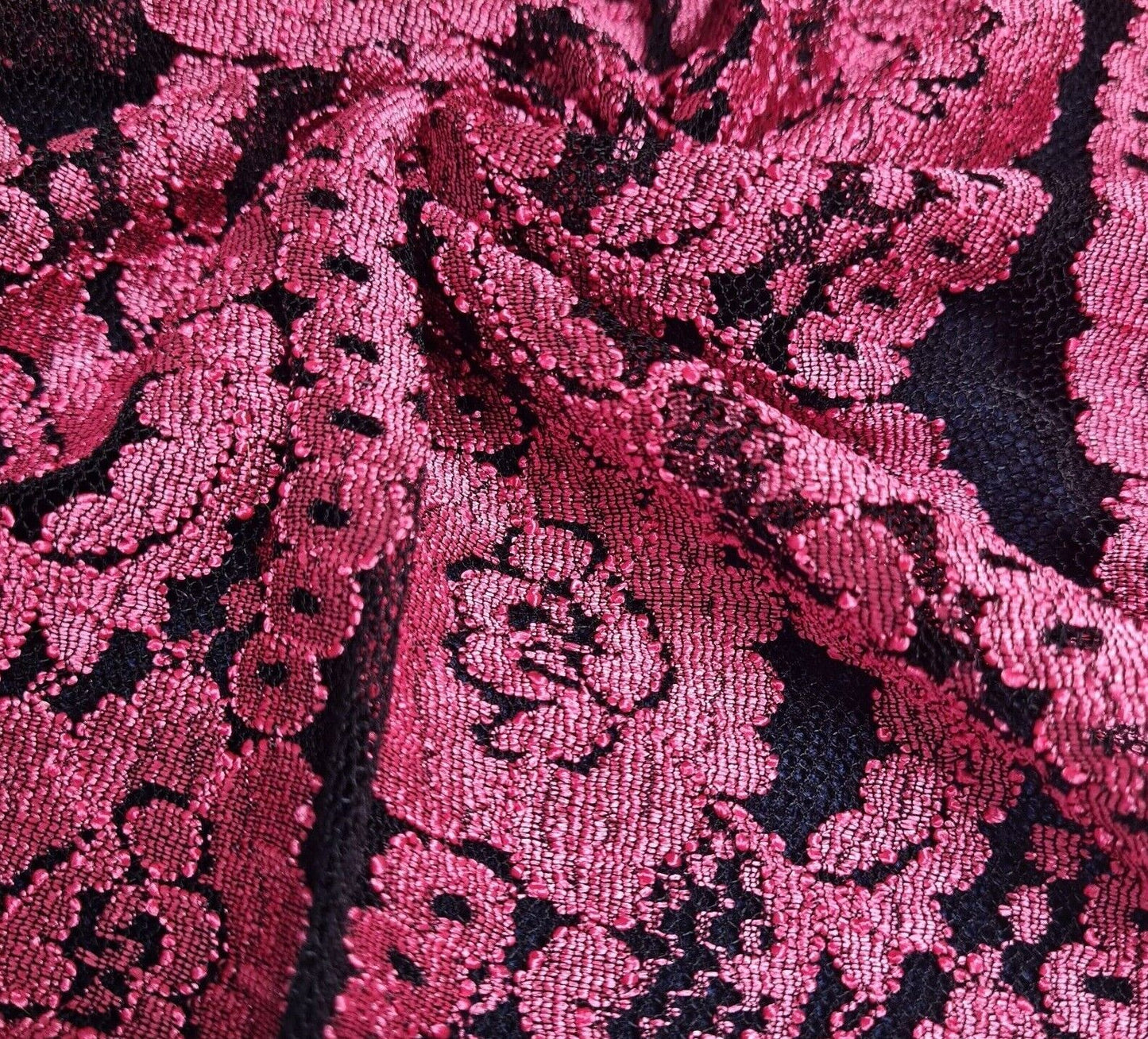 Floral Lace Fabric Fuchsia And Black Black Colours 2 Way Stretch 55" Wide