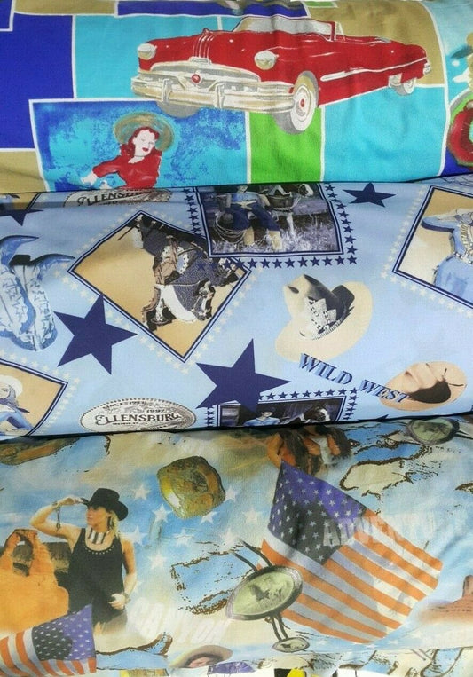 STRETCH JERSEY FABRIC CAR/FLAG/COWBOY PRINTED -SOLD BY THE METRE A1-153