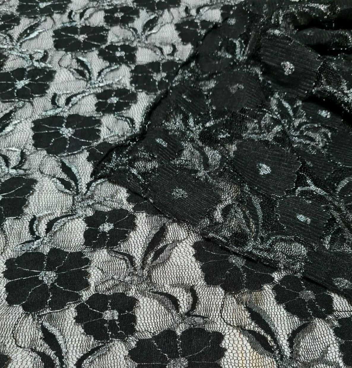 BLACK LACE FABRIC FLORAL SILVER SHINY STRETCH - SOLD BY THE METRE
