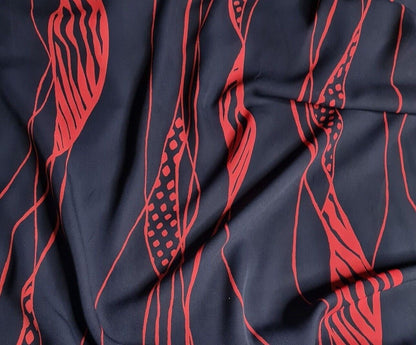 Crepe Chiffon Fabric Red And Navy Abstract Printed 55" Wide Sold By Metre