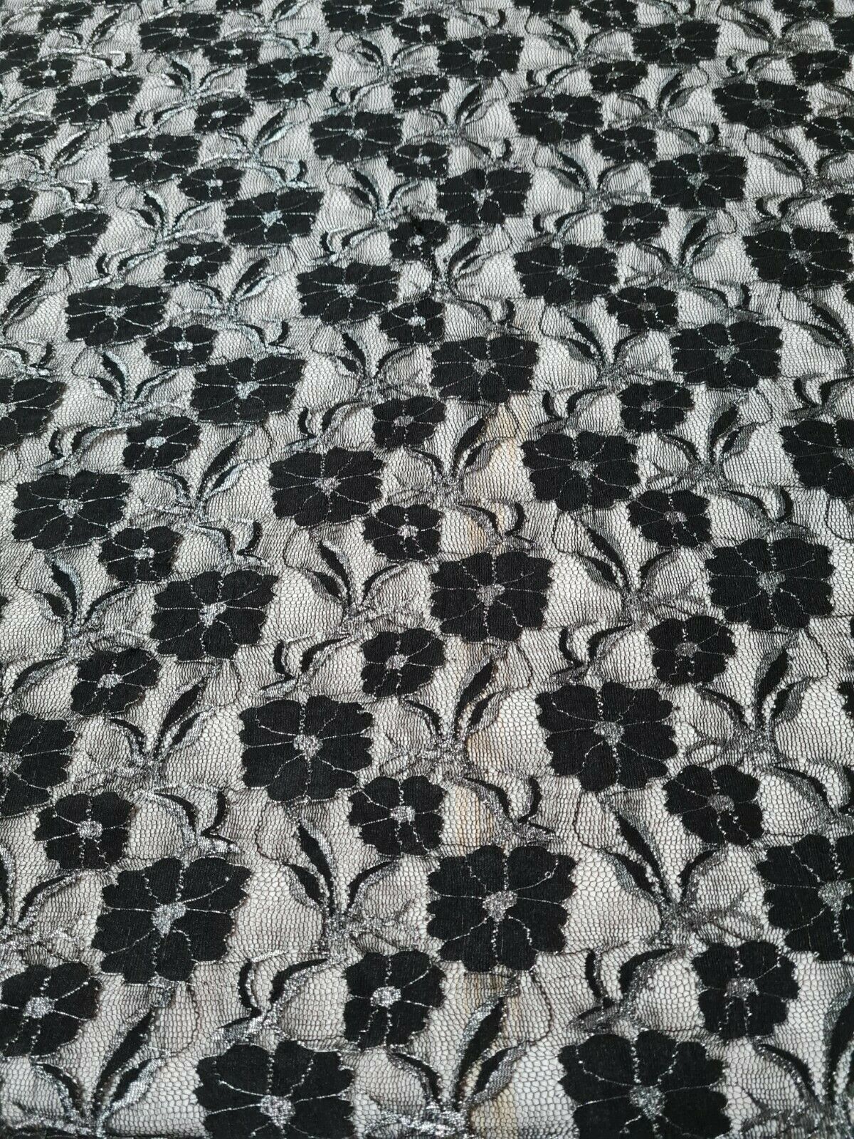 BLACK LACE FABRIC FLORAL SILVER SHINY STRETCH - SOLD BY THE METRE