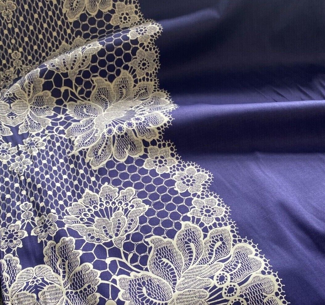 Cotton Satin Fabric White Lace Pattern Border Printed Navy Colour 55'' Wide