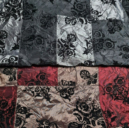 Patchwork Taffeta Fabric Flock Printed Black and Red Crinkled 55" Wide