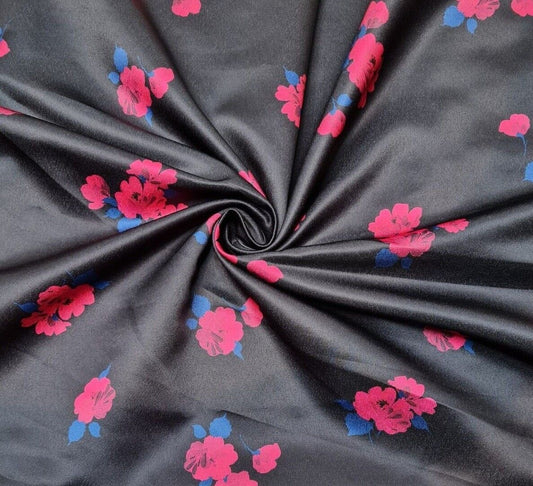 Satin Textured Dressmaking Fabric Fuchsia And Blue Floral Printed Black Colour