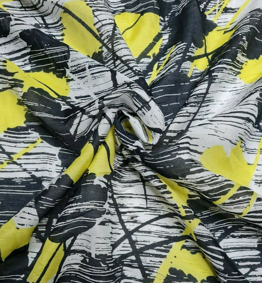 Cotton Silk Voile Fabric Black Ivory Yellow Printed 49" Wide