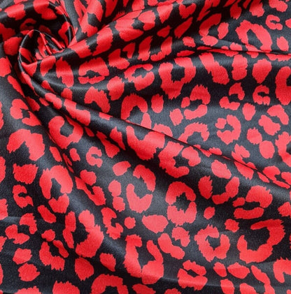 Satin Textured Dressmaking Fabric Red Animal Printed Black Colour 55" Wide