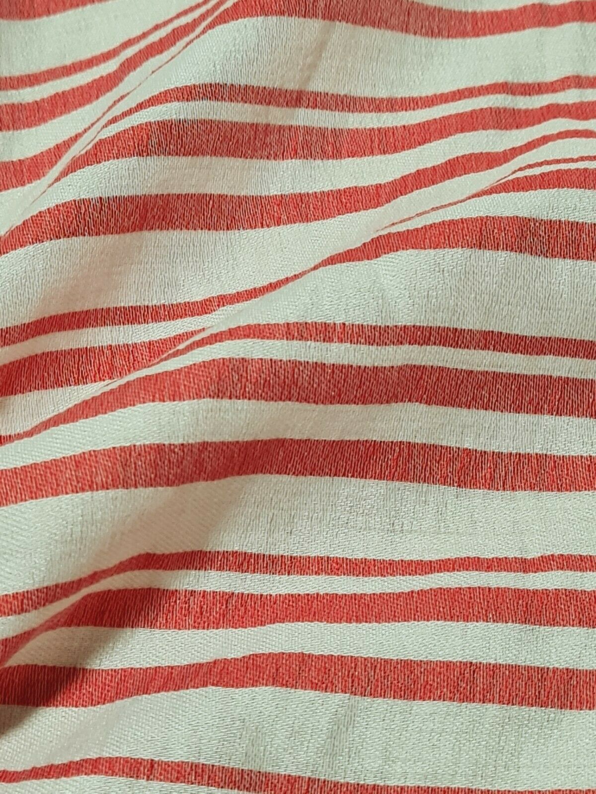 FABRIC RED AND OFF WHITE STRIPED THIN VISCOSE/POLYESTER -SOLD BY THE METRE