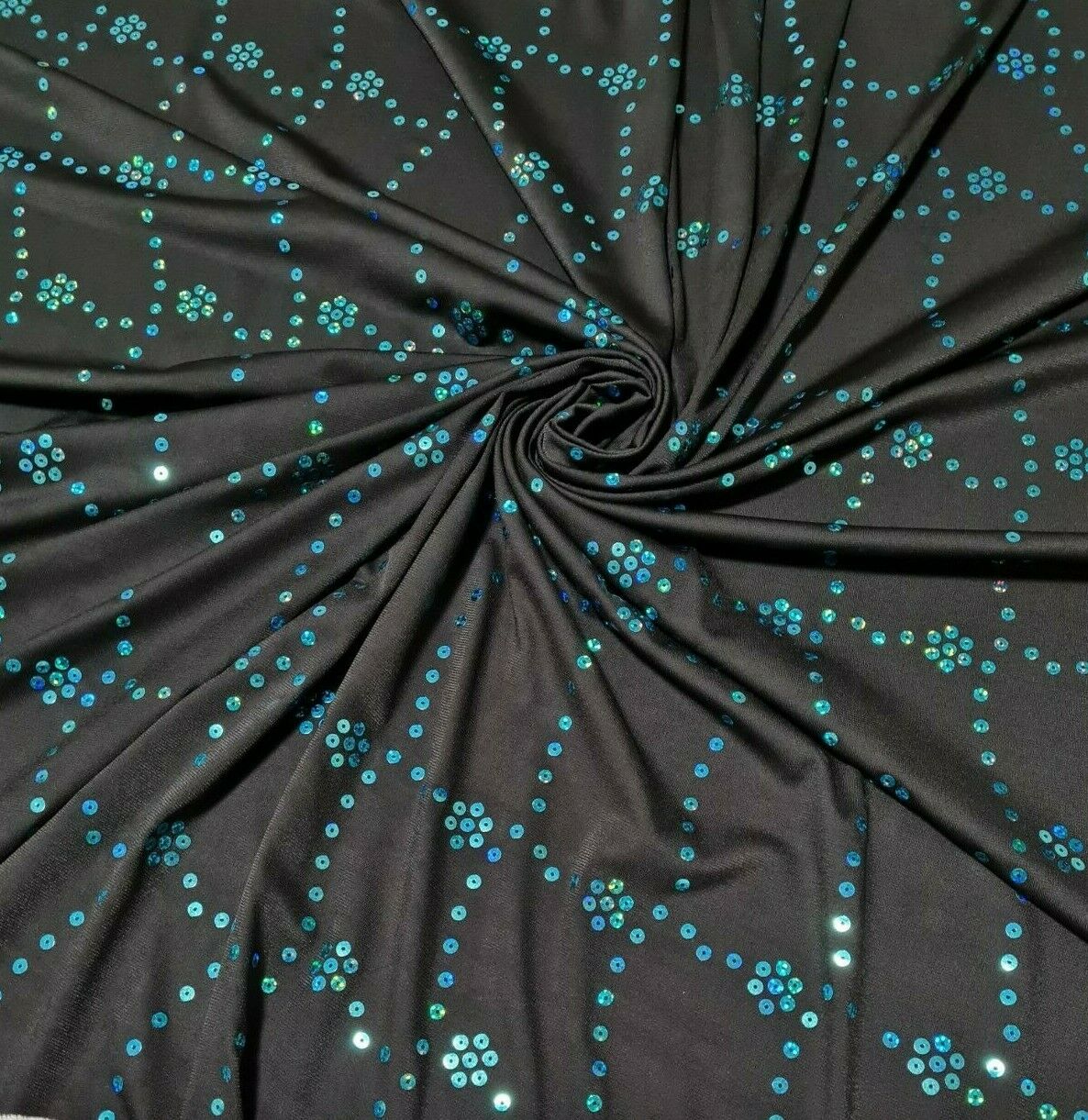 JERSEY LYCRA FABRIC BLUE SEQUIN BLACK STRETCH - SOLD BY METRE