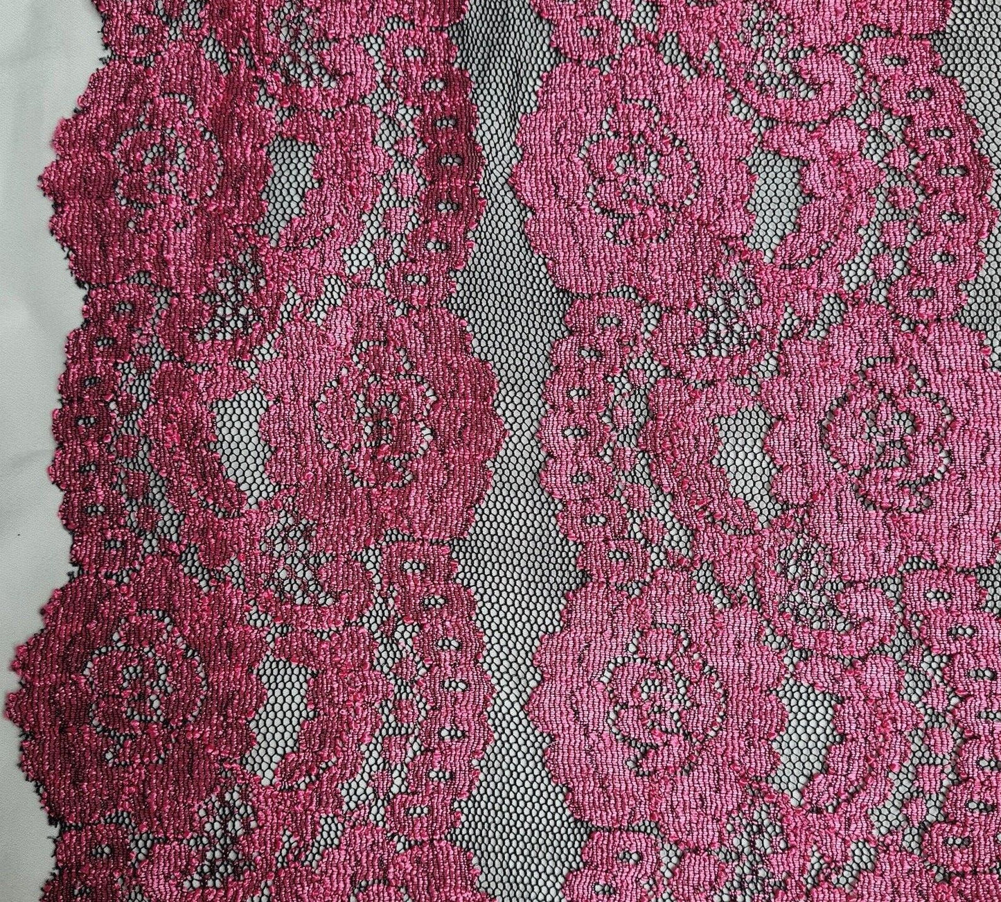 Floral Lace Fabric Fuchsia And Black Black Colours 2 Way Stretch 55" Wide