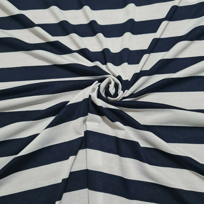 Viscose Polyester Jersey Fabric Navy And White Striped 66" Sold By The Metre A1-103