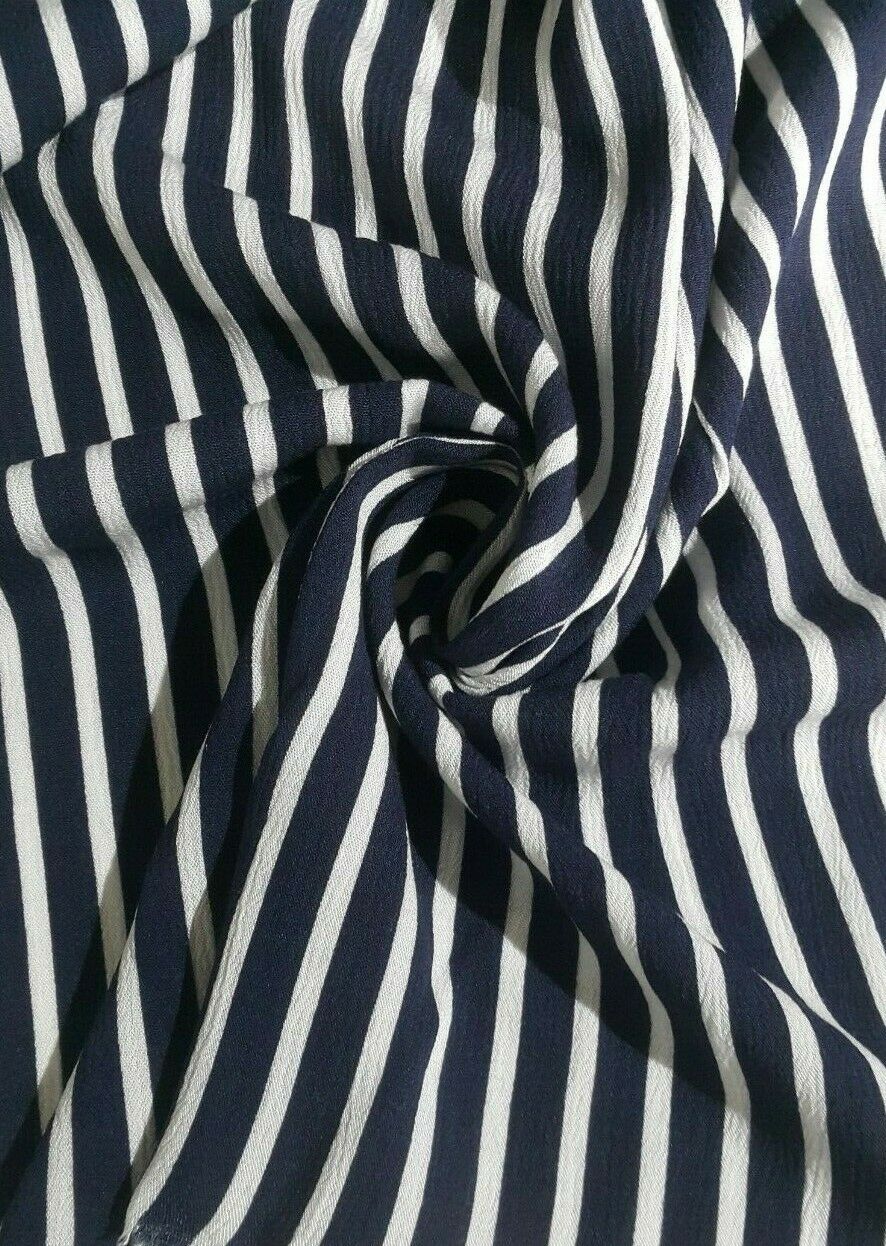 WHITE AND NAVY STRIPED 100% VISCOSE FABRIC - SOLD BY UNIT