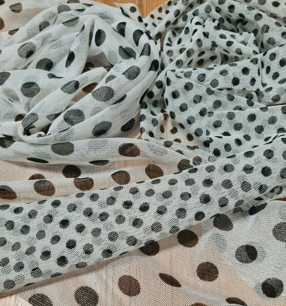 STRETCH TULLE FABRIC WHITE BLACK SPOTTED-SOLD BY THE METRE