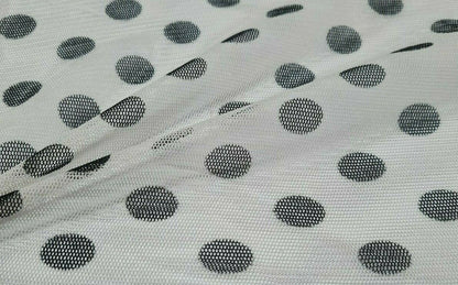 STRETCH TULLE FABRIC WHITE BLACK SPOTTED-SOLD BY THE METRE