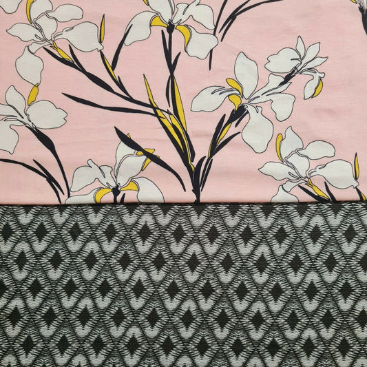 Viscose Jersey Fabric Floral And Rhomb Printed 4 Way Stretch Sold By Metre A1-119