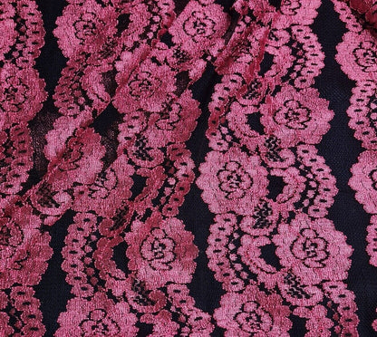 Floral Lace Fabric Fuchsia And Black Black Colours 2 Way Stretch 55" Wide