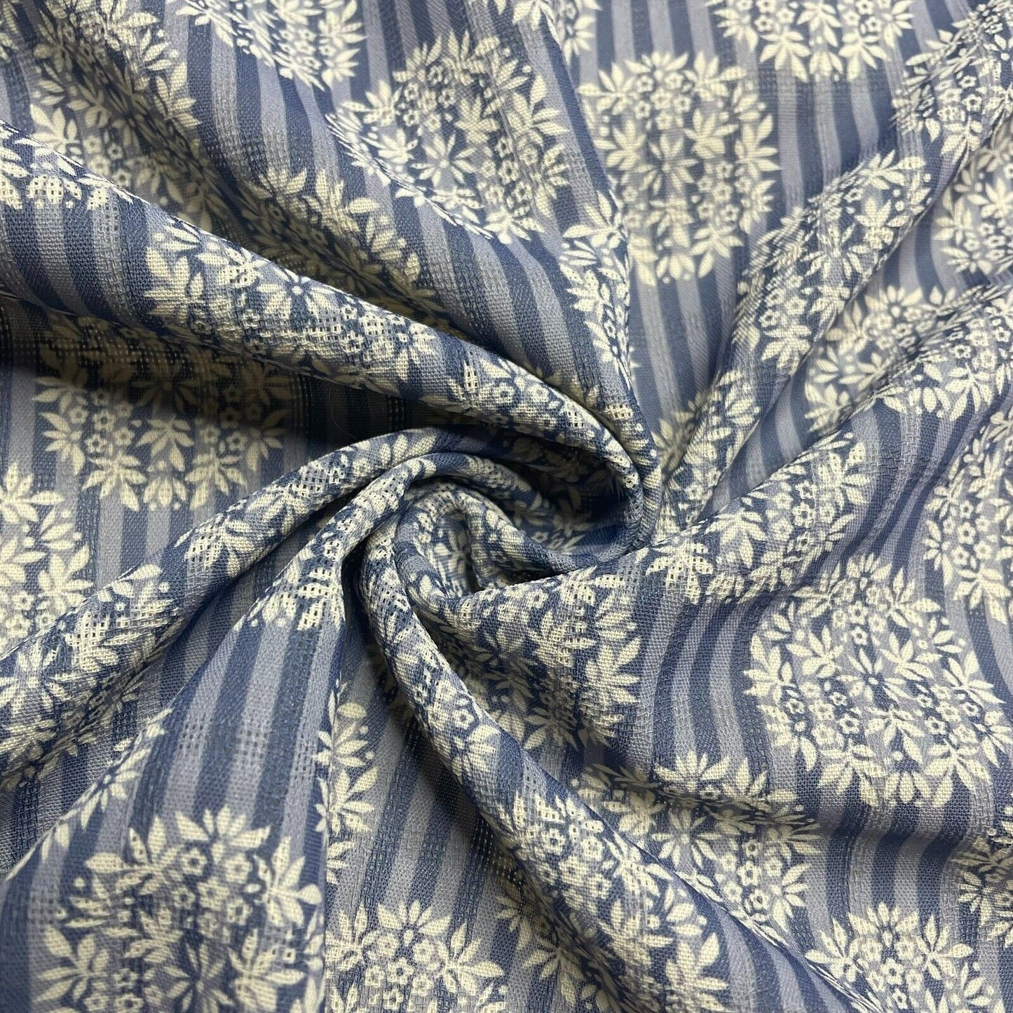 Crepe Fabric Striped and Floral Blue and Ivory 55" Wide Non-Stretch