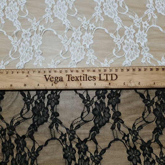 THIN LACE FABRIC BLACK AND IVORY COLOURS FLORAL SOLD BY THE METRE