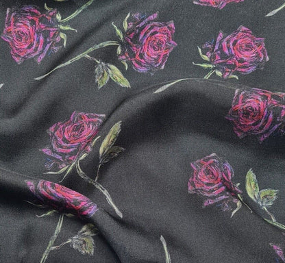 Pure Silk Chiffon Fabric Pink Rose Printed Black Colour 51" Wide Sold By Metre