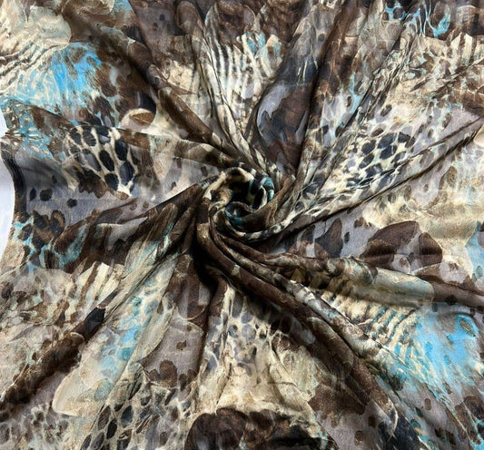 Printed Chiffon Fabric Brown Turquoise And Ivory Coloured 55"