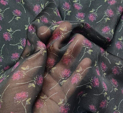 Pure Silk Chiffon Fabric Pink Rose Printed Black Colour 51" Wide Sold By Metre