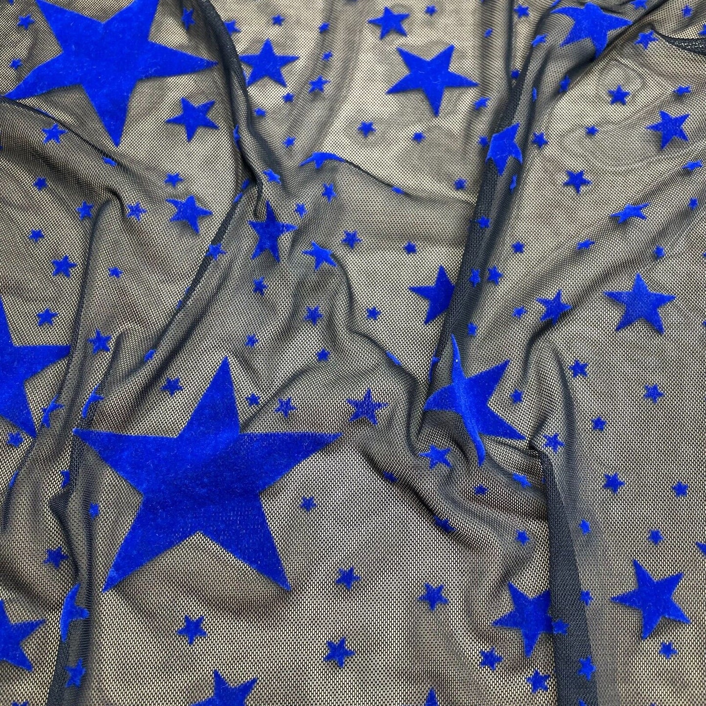 Power Mesh Net Fabric Flocked Blue Stars Black Colour 55" Wide