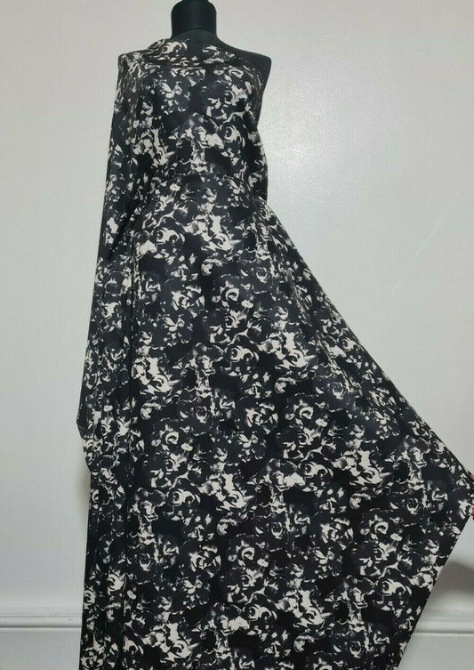 STRETCH DRESSMAKING FABRIC BLACK GREY AND ECRU PRINTED - SOLD BY THE METRE